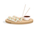 Spring rolls and soy sauce with chopsticks on the plate vector flat illustration isolated on white. Royalty Free Stock Photo