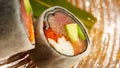Spring rolls with tuna and salmon. Shallow dof.
