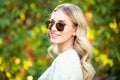Spring romantic casual woman in sunglasses, portrait. Beautiful girl outdoor, close up beauty young female face. Young Royalty Free Stock Photo