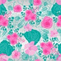 Spring Roses-Flowers in Bloom seamless repeat pattern Background in green,pink and silver