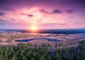 Spring rural landscape in the evening with a beautiful burning sky. Aerial view Royalty Free Stock Photo