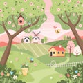 Spring rural landscape with trees, fields, houses and windmill. Easter background, countryside landscape. Vector