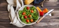 Spring salad with fresh green rocket, spinach leaves and cherry Royalty Free Stock Photo