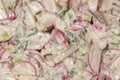 Spring salad with radish, dill and green onions and sour cream close-up