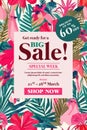 Sale banner with exotic jungle plant, tropical exotic palm leaves. Discount design background with tropical palm leaves.