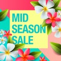 Spring sale background banner with beautiful colorful flower, mid-season sale poster, vector. Royalty Free Stock Photo