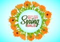 Spring sale, background with colorful flowers and green grass, background for banners, invitations, cards, brochures. Royalty Free Stock Photo