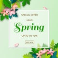 Spring sale background with colorful leaves and flowers on paper art style for shopping promotion,poster,leaflet or web banner Royalty Free Stock Photo