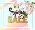 Spring sale background with flowers. Season discount banner design with cherry blossoms and petals Royalty Free Stock Photo