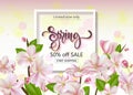 Spring sale background with flowers. Season discount banner design with cherry blossoms and petals. Royalty Free Stock Photo