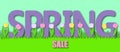 Spring sale background with grass and tulips. Paper art vector. 3d effect