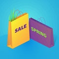 Spring sale background. On the illustration are shopping bags and grass. Isometric vector. Royalty Free Stock Photo