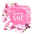 Spring sale background with pink blooming magnolia and butterfly.