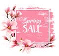 Spring sale background with pink blooming magnolia