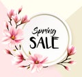 Spring sale background with pink blooming magnolia