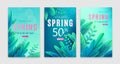 Spring sale background. Springtime discount poster set with bright green blue fantasy leaves, light effect, season type