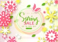 Spring sale banner. Beautiful Background with paper flowers and butterfly. Vector illustration for website , posters Royalty Free Stock Photo