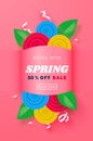 Spring sale banner. Beautiful Background with paper roses and serpentine. Vector illustration for postcards,posters