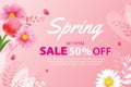 Spring sale banner with blooming flowers background template. Design for advertising, flyers, posters, brochure, invitation, Royalty Free Stock Photo