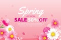 Spring sale banner with blooming flowers background template. Design for advertising, flyers, posters, brochure, invitation, Royalty Free Stock Photo