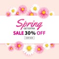 Spring sale banner with blooming flowers background template. Design for advertising, flyers, posters, brochure, invitation, Royalty Free Stock Photo