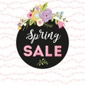 Spring Sale Banner cute floral wreath bouquet black round shape Vector Design Spring flower Royalty Free Stock Photo