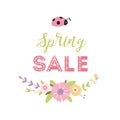 Spring Sale Banner with cute floral wreath ladybug. Vector Design Spring flower pink green colors