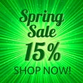 Spring sale banner 15 discount sign on a bright green background with rays of light. Easy to edit vector design template for your Royalty Free Stock Photo