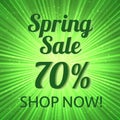 Spring sale banner 70 discount sign on a bright green background with rays of light. Easy to edit vector design template for your Royalty Free Stock Photo