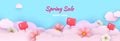 Spring sale banner with paper flowers on blue background. Spring flowers in pink clouds. Vector Royalty Free Stock Photo