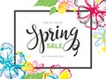 Spring Sale banner or poster design decorated with creative flowers.