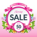 Spring sale banner. Seasonal discount label.