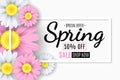 Spring sale banner. Square white frame. Pink and white flowers of chamomile. Seasonal flyer. Special offer. Vector illustration