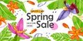 Spring sale banner. Summer banner. Beautiful colorful background with tropical flowers, banana leaves and flowers. Ideal for web, Royalty Free Stock Photo