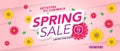 Spring sale banner template with beautiful colorful flower on pink background, for shopping sale. banner design. Poster, card, web Royalty Free Stock Photo