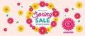 Spring sale banner template with beautiful colorful flower on pink background, for shopping sale. banner design. Poster, card, web Royalty Free Stock Photo
