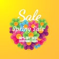 Spring sale banner template with flower on colorful background. Vector illustration. Card for spring season with flowers. Promotio