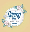 Spring sale banner template with paper flower on colorful background. Vector illustration. Royalty Free Stock Photo