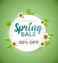 Spring sale banner template with paper flower on green background. Vector illustration Royalty Free Stock Photo