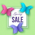Spring sale banner template with papercut butterflies on green Royalty Free Stock Photo