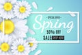 Spring sale banner. White flowers of chamomile on a light blue background. Seasonal poster. Water drops. Special offer. Vector ill Royalty Free Stock Photo