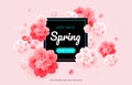 Spring sale beautiful banner design with pink flowers background