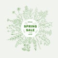 Spring sale botanical banner with round floral frame.