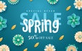 Spring sale. Bright advertising background with flowers, text. The effect of cut paper. Season discount banner design. Vector Royalty Free Stock Photo