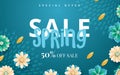 Spring sale. Bright advertising background with flowers, text. The effect of cut paper. Season discount banner design. Vector Royalty Free Stock Photo