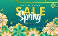 Spring sale. Bright advertising background with flowers, text. The effect of cut paper. Season discount banner design. Vector Royalty Free Stock Photo