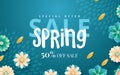 Spring sale. Bright advertising background with flowers, text. The effect of cut paper. Season discount banner design. Vector Royalty Free Stock Photo