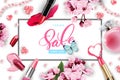 Spring sale cherry blossom cosmetic ad template. 3D realistic detailed mockup. Beauty and cosmetics background. Use for