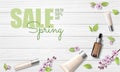 Spring sale cherry blossom organic cosmetic ad template. Skincare essence pink spring promo offer flower 3D realistic