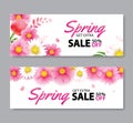 Spring sale cover banner with blooming flowers background template. Design for advertising, flyers, posters, brochure, invitation Royalty Free Stock Photo